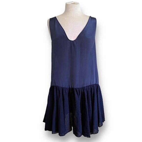 Elizabeth and James Womens Slip Dress Sz Medium Navy Blue Silk Swiss Dot V-neck - Picture 1 of 6